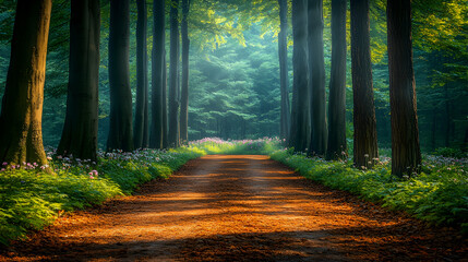 Fototapeta premium Sunlit Forest Path, Trees, Nature, Mystery, Tranquil, Peaceful, Spring, Pathway, Magical, Landscape.