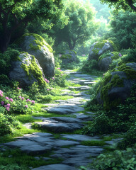Sunlit Stone Path Through Mossy Forest, Game Background.