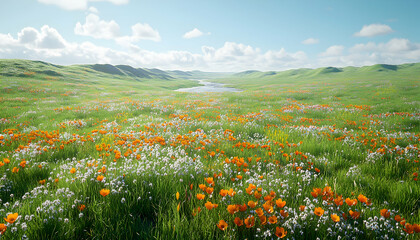 Sunny California Poppy Meadow Landscape, River Valley Background, Idyllic Nature Scene, Travel Poster.