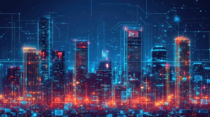 Obraz premium Futuristic cityscape with glowing skyscrapers and holographic advertisements illuminating the night skyline.