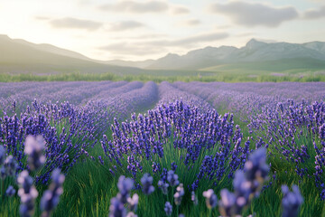 Sunrise Lavender Field, Provence, France; rows of purple flowers, mountain backdrop; ideal for travel, beauty, and relaxation.