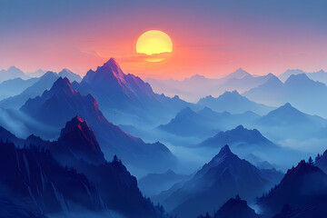Sunset over misty mountain range, serene landscape, peaceful atmosphere, ideal for travel brochures.