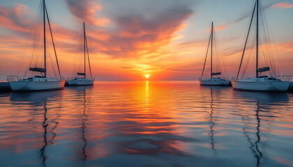 Sunset Sailboats Docked Calm Ocean Dramatic Sky Travel Brochure.