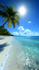 Tropical beach paradise palm tree, ocean waves, sunny sky, idyllic vacation.
