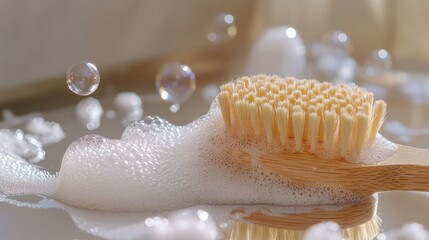 Minimalist cleaning composition featuring a wooden brush surrounded by soap bubbles on a glossy surface.
