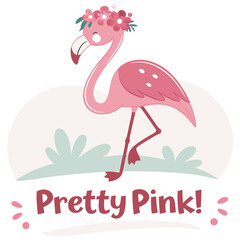 Cute Pink Flamingo Character with Floral Crown in a Playful Cartoon Style Illustration