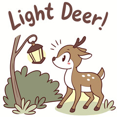 Cute Cartoon Illustration of a Light Deer Near a Lantern in a Forest Setting