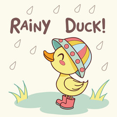 Cute Cartoon Duck with Colorful Hat and Boots Enjoying a Rainy Day in a Playful Style