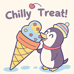 Cute Penguin Enjoying Ice Cream Cone with Colorful Sprinkles and Cherry on Top