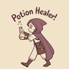 Charming Cartoon Character with Potion Bottle and Cloak in Whimsical Design