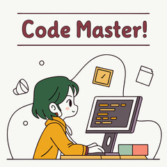 Young Person Programming on Computer with Code Writing Elements and Playful Cartoon Style