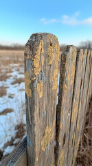 Fototapeta premium Weathered Wooden Fence Post, Winter Field Background, Rural Scene, Rustic Texture, Design Element.