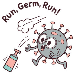 Cartoon Style Illustration of a Happy Germ Running Away from Hand Sanitizer Bottle