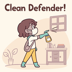 Child Cleaning Window with Spray Bottle in Cheerful Cartoon Style Illustration