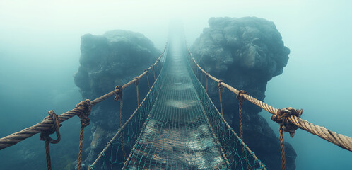 Suspended bridge connects rocky formations in foggy landscape, inviting adventure and exploration