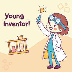 Young Inventor Holding a Light Bulb in Lab Coat with Science Equipment for Creative Projects