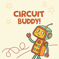 Friendly Cartoon Robot with Playful Expression and Colorful Design for Kids' Themes