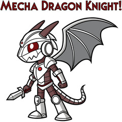 Cute Mecha Dragon Knight Character in Armor with Wings and Sword for Fantasy Themes