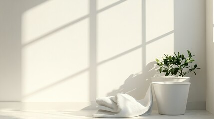 Fototapeta premium Minimalist room with a white bucket and a soft towel, bathed in natural light for a fresh and clean look.