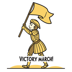 Victory March of a Roman Soldier with Flag in a Playful, Cartoon Style Illustration