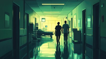 Fototapeta premium Couple walking down a hospital corridor, holding hands, towards a bright light at the end.