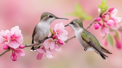 Fototapeta premium Two hummingbirds perched on a blossoming branch with pink flowers.