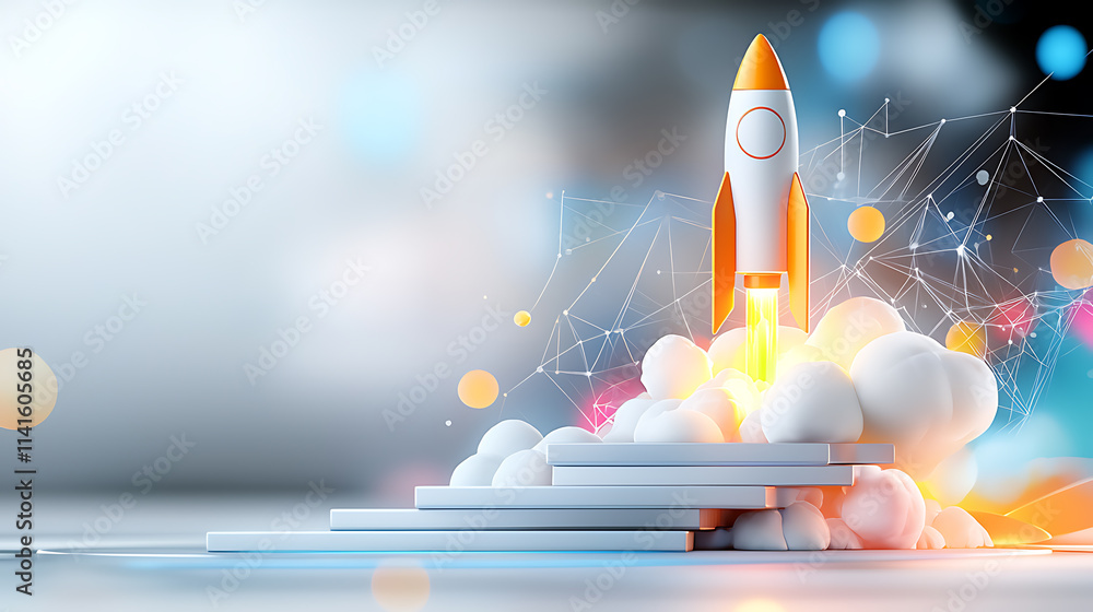 Poster rocket launch event futuristic setting digital design science environment close-up viewpoint innovat