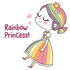 Adorable Rainbow Princess Character with Colorful Dress and Cheerful Expression in Cartoon Style