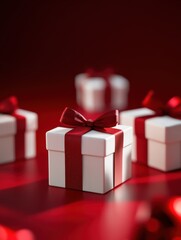 Fototapeta premium Group of small gifts wrapped with red ribbon on white table with copy space. Five little presents for christmas or birthday party. Set of gift boxes over a red shiny background.