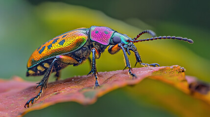  A colorful beetle with shiny exoskeleton sitting on a green leaf with blurry natural background