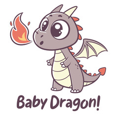 Cute and Playful Baby Dragon Breathing Fire with Big Eyes and Happy Expression Cartoon Style