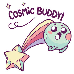 Cute Cartoon Cosmic Buddy Character with a Rainbow Tail and Star, Ideal for Children's Designs