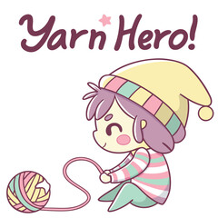 Cute Cartoon Character with Yarn and Knitting Ball in Playful Style
