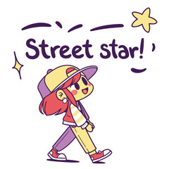 Playful cartoon character walking with hat and stylish outfit displaying the phrase Street star