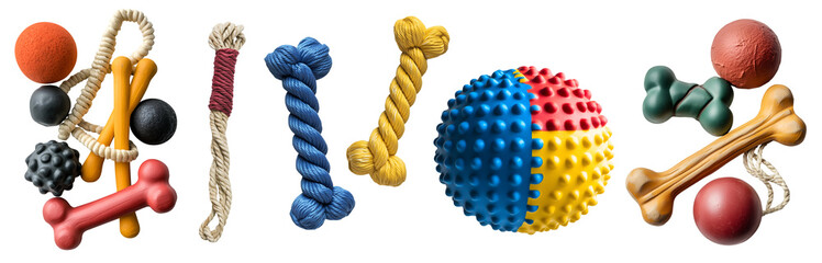 Collection set of toys accessories for animal pet, cat, dog on transparent cutout PNG. Many different chew play teething toy. Mockup template for design	
