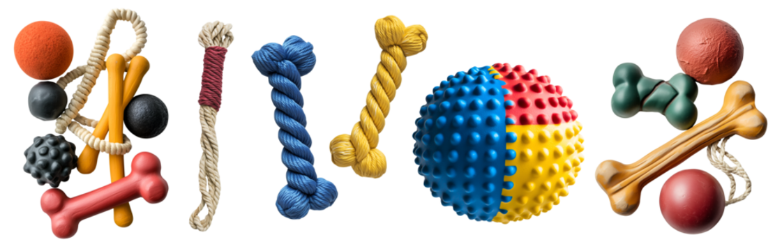 Collection set of toys accessories for animal pet, cat, dog on transparent cutout PNG. Many different chew play teething toy. Mockup template for design	
