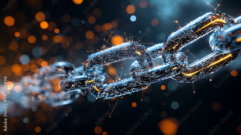 Poster dynamic chain links igniting sparks in a high-tech environment abstract photography close-up view in