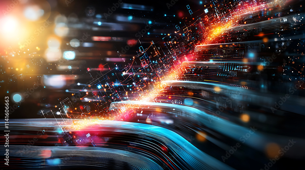 Poster dynamic digital waves virtual realm abstract art futuristic environment close-up view concept of inn