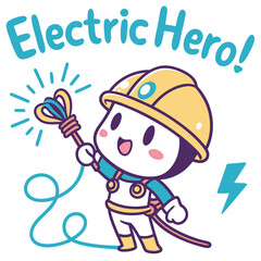 Cute Cartoon Character Electric Hero with Helmet and Electromagnetic Staff Illustrating Power