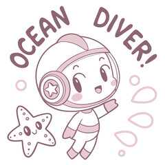 Cute Cartoon Ocean Diver Character with Starfish for Fun Underwater Adventure Theme