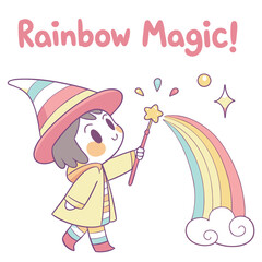 Cute Child with Magic Wand Creating Rainbow and Sparkles in Colorful Illustration