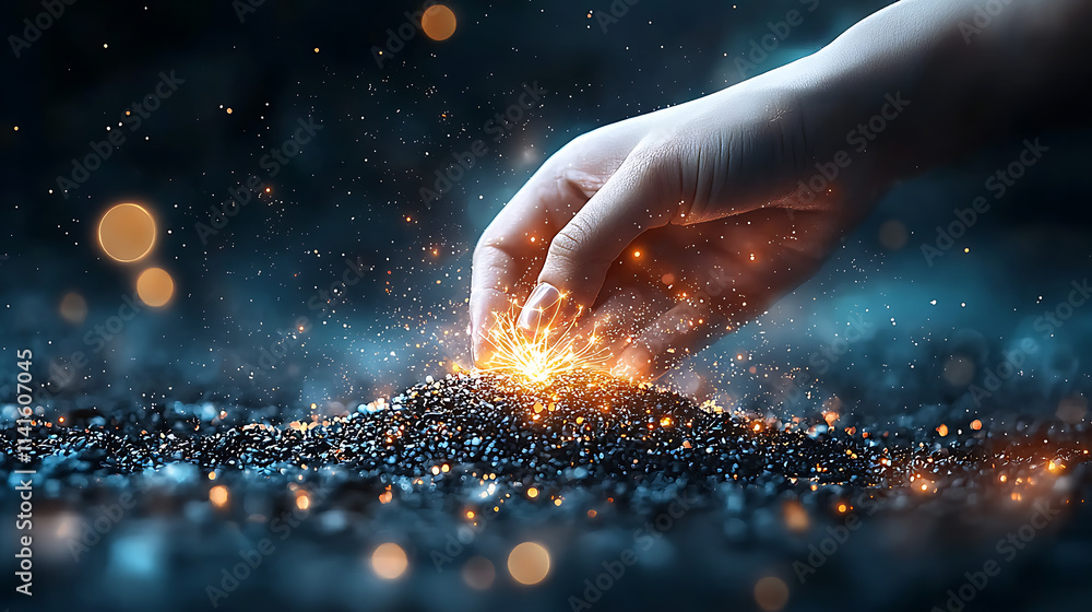Poster capturing sparkling energy hand interacting with glittering particles studio setting macro photograp