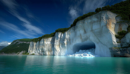 Coastal Cave, Ice, Ocean, Cliffs, Summer, Clouds, Dramatic Landscape, Travel Poster.