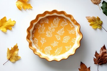Naklejka premium Autumn pumpkins, fall leaves, empty baking dish. Concept cook Pumpkin pie on white background. Top view. Copy space. Thanksgiving Day. 