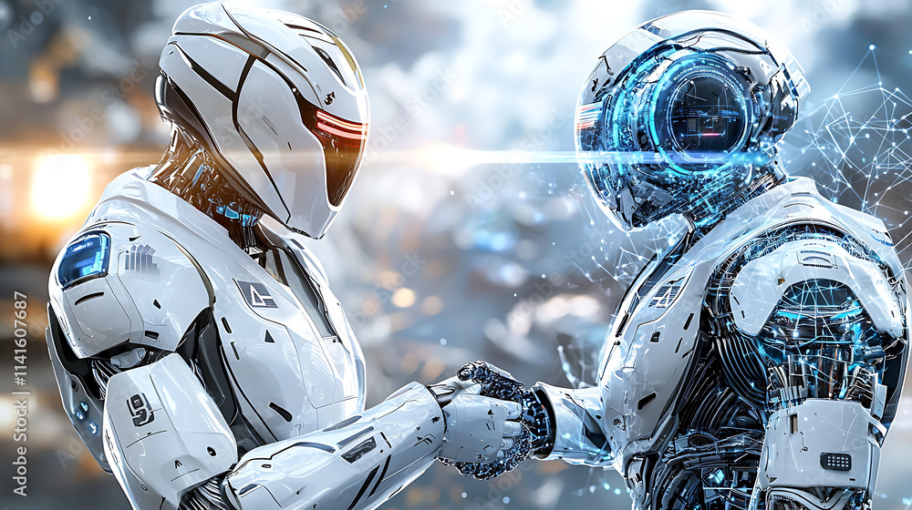 Poster futuristic robots engaging in diplomatic exchange sci-fi setting digital art high-tech environment c