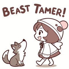 Cute Illustration of a Girl Walking with a Wolf, Text Beast Tamer in Playful Style