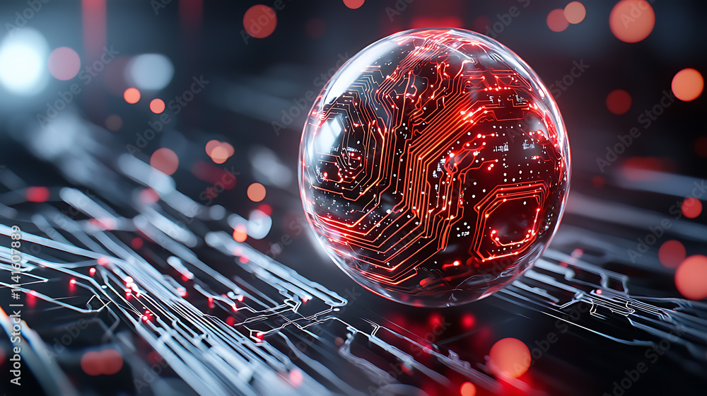 Poster futuristic tech sphere illuminating circuitry digital realm dark environment abstract concept
