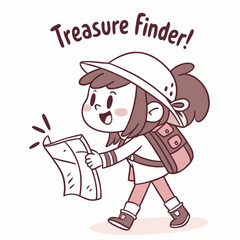 Cheerful Cartoon Character with Map on Adventure in Search for Hidden Treasure