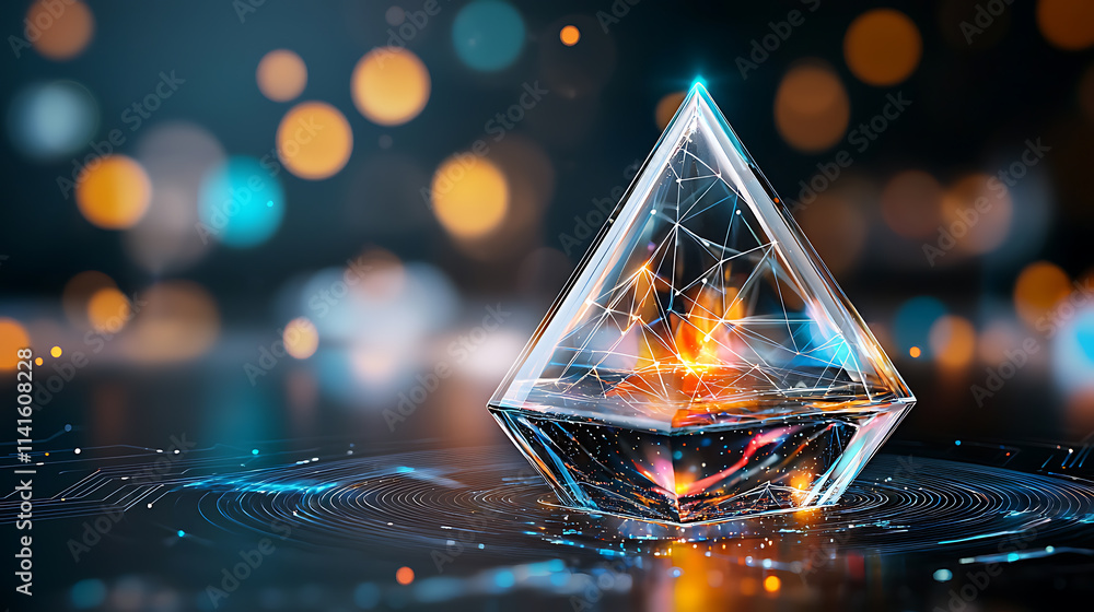 Poster dynamic crystal structure with abstract light effects studio setting digital art reflective surface 