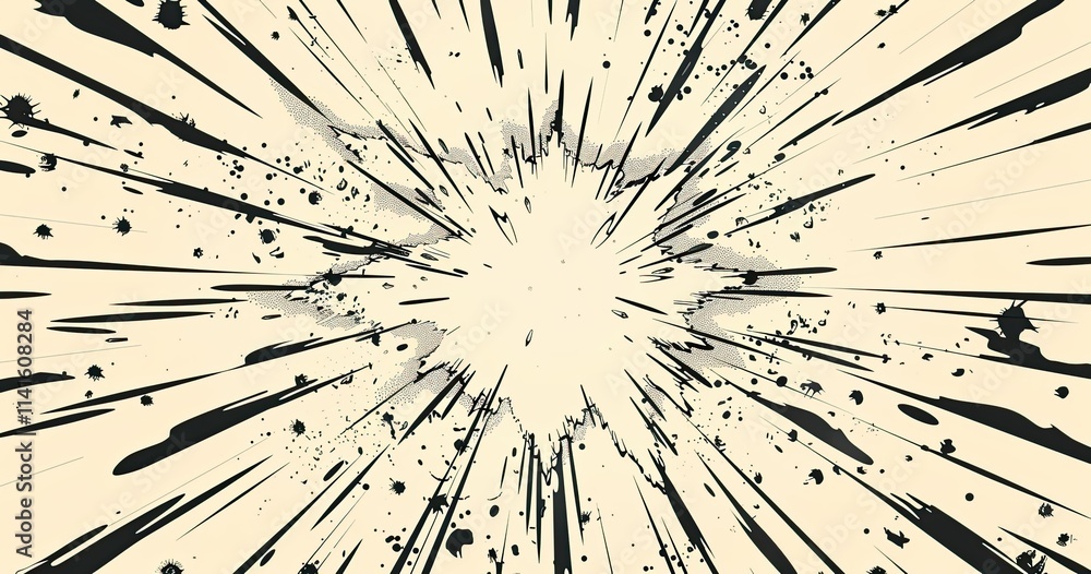 Poster a dynamic explosion graphic with radial lines and splatter effects.